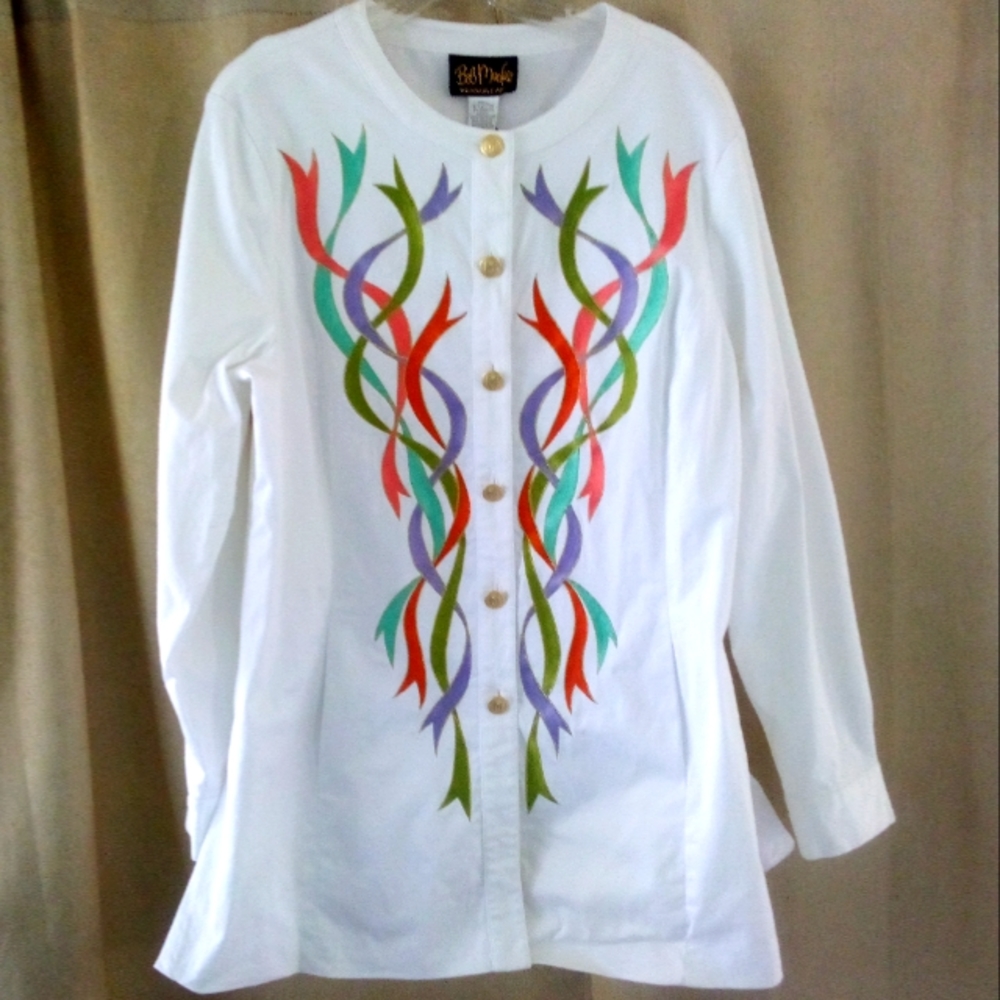 NWT Bob Mackie Wearable Art White Jacket with Embroidered Ribbon Design